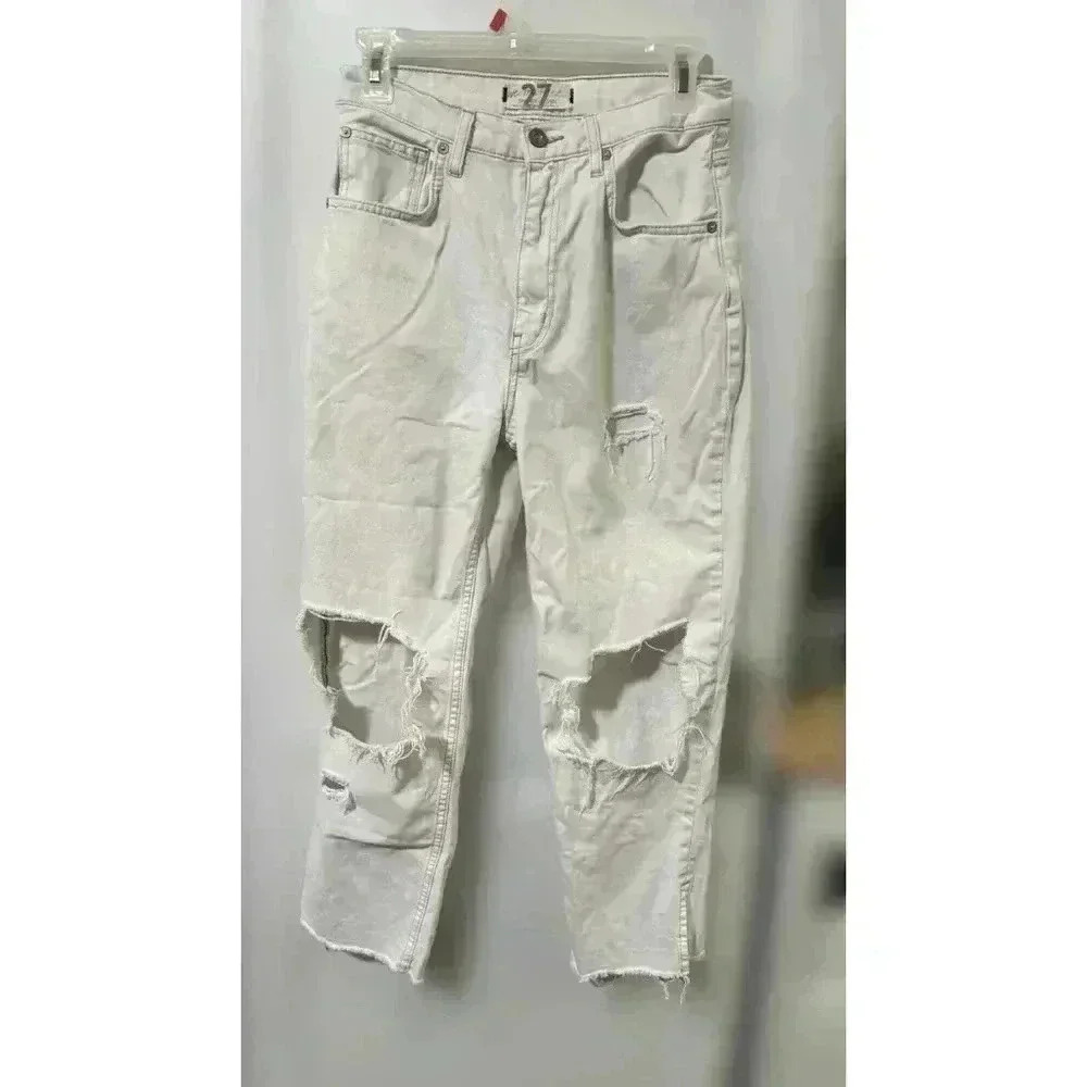 We The Free Jeans White Distressed Maggie Ripped Crop Button Fly Casual, Size 27